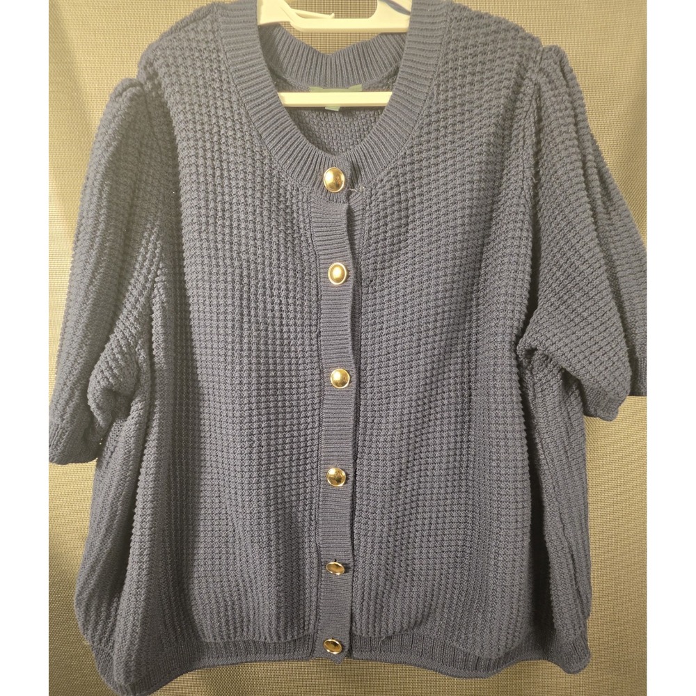 Terra & Sky Women's 4X 28W-30W Navy Blue Short Sleeve Cardigan Gold Buttons